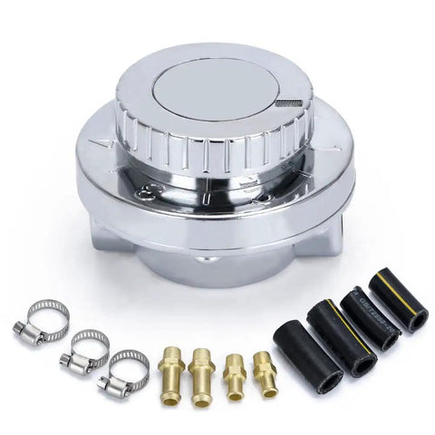 Manual Adjustable Fuel Pressure Regulator Kit With Chrome Silver Body And Gold Plated Fittings For Carburetor Systems, hose clamps.