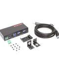 Built Like A Tank 4 Port USB 3.2 Gen 1 Industrial Metal Hub With Kickass Surge Protection And DIN Rail Mounting kit with cable and brackets.