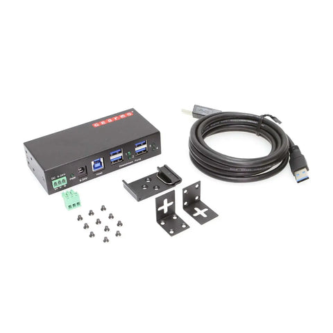 Built Like A Tank 4 Port USB 3.2 Gen 1 Industrial Metal Hub With Kickass Surge Protection And DIN Rail Mounting kit with cable and brackets.