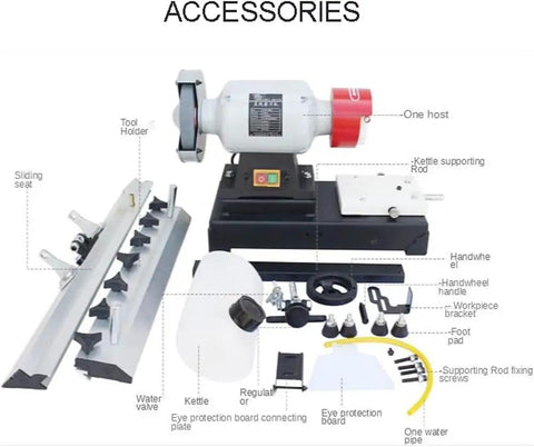 Heavy Duty Automatic Knife Grinder And Saw Blade Sharpener Featuring Cast Iron Base And Linear Guides, with accessories laid out.