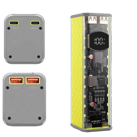 Effortless No Sweat Solderless DIY Power Bank Enclosure Holds Eight 18650 Batteries In Transparent ABS Case Featuring Killer 45 Watt Fast Charging. Side view of power bank with USB-C and USB ports.