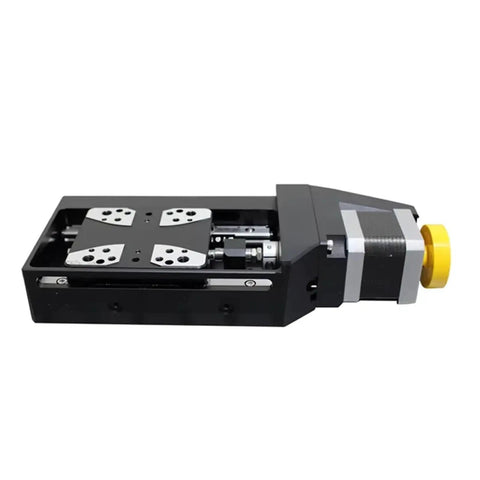 Rock Solid Precision Motorized Linear Translation Stage Featuring Electric Displacement Slide And Heavy Duty Stepper Actuator, side view of black aluminum stage.