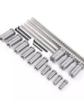 Pro Grade Keyway Broach Set For Lathe 22 Pc HSS Broaching Kit with collared bushings and shims, steel construction on white background.
