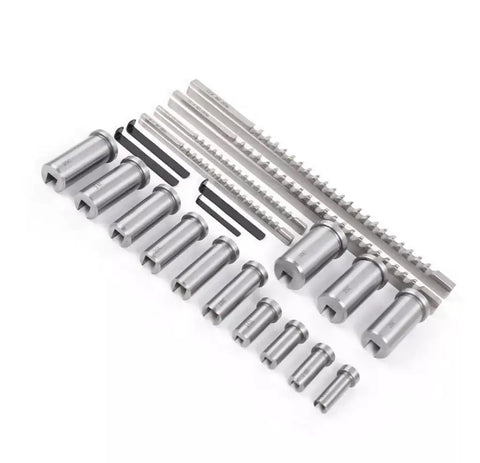 Pro Grade Keyway Broach Set For Lathe 22 Pc HSS Broaching Kit with collared bushings and shims, steel construction on white background.