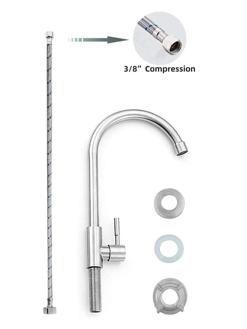 Level Up Your Kitchen Setup With This Top Shelf Cold Water Only Faucet Crafted From Lead Free SUS304 Stainless Steel Featuring A Smooth 360 Degree Swivel And Durable Brushed Nickel Finish, showing faucet components including a spout and hose.