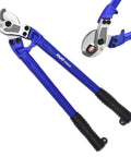 Industrial Grade 18 Inch Cable Cutters Heavy Duty T8 Alloy Steel Wire Cutters Built Tough For Crushing Copper And Aluminum Cables Easily With Rock Solid Hrc56 Blades viewed from the side in blue.