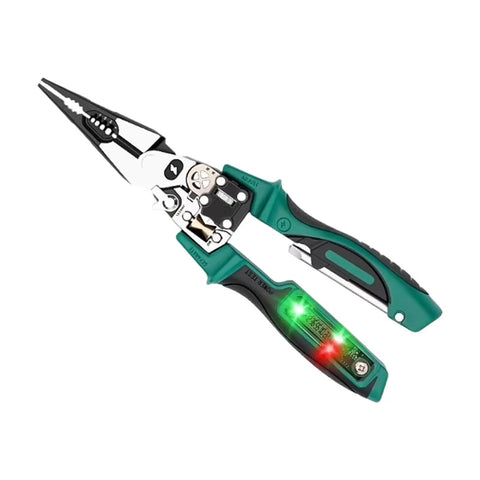 Heavy Duty Multifunction Wire Stripper And Electrical Crimper With Voltage Meter, rustproof steel, ergonomic rubber handles.
