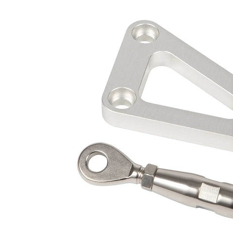 Close-up of Adjustable Billet Alternator Bracket Kit For Chevy Small Block V8 With Long Water Pump Polished Aluminum component
