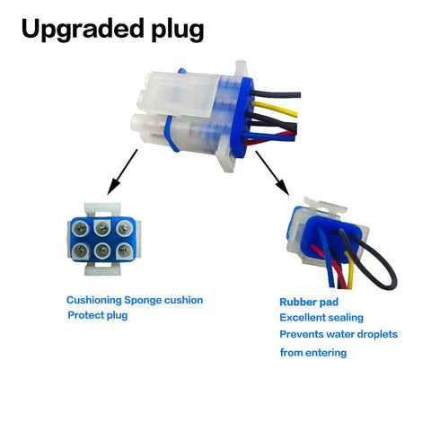 Upgraded OEM Refrigerator Evaporator Fan Motor Replacement V80E14MS2A3-57A611 showing upgraded plug design details