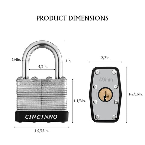 Product dimensions of Beefy 40mm Keyed Alike Nickel Plated Laminated Steel Padlocks, 1-9/16 Wide Body, 1 Inch Hardened Shackle