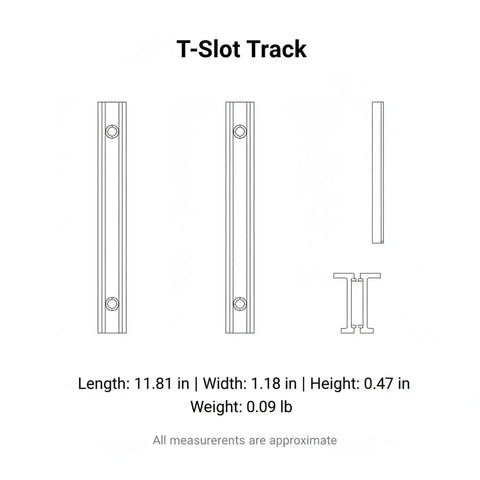 Technical drawing of Pro Grade T Slot Aluminum Track With Precision Sliding Guide For Table Saw And Router Jigs 11.8 Inch Silver Rail
