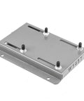 145T frame motor slide base in gray steel with four studs and slotted mounting holes.