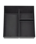 Custom Fit Center Console Organizer Tray For Tesla Cybertruck 2024 with black ABS plastic compartments for organized storage.
