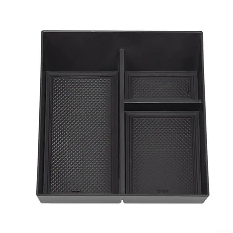 Custom Fit Center Console Organizer Tray For Tesla Cybertruck 2024 with black ABS plastic compartments for organized storage.
