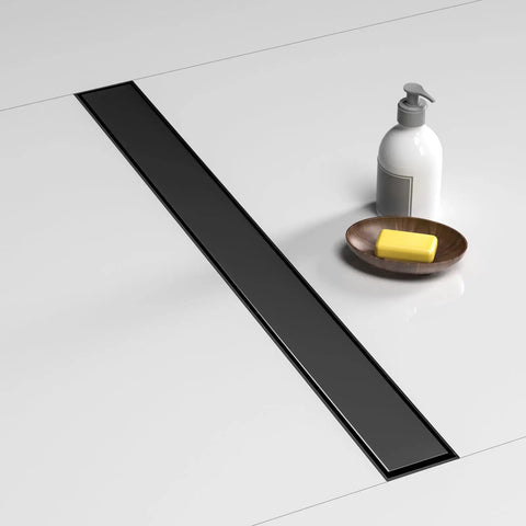 24 Inch Linear Shower Drain With 2 In 1 Flat And Tile Insert Matte Black Brushed 304 Stainless Steel Rectangle Shower Floor Drain