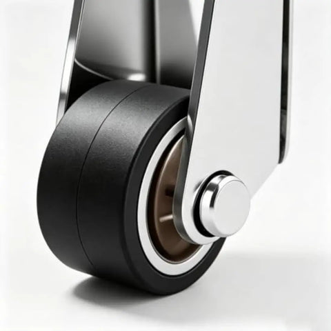 Heavy Duty Vertical Track Roller Wheels 8 Piece Set Anti Sag Sliding Door Bottom Guides close-up of black rubber wheel with metal axle.