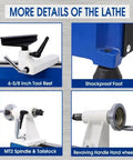 Wood lathe components collage: tool rest, shockproof foot, MT2 spindle and tailstock, revolving hand wheel.