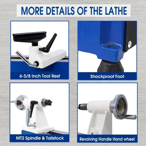 Wood lathe components collage: tool rest, shockproof foot, MT2 spindle and tailstock, revolving hand wheel.