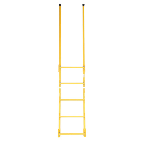 Heavy Duty Steel Walk Thru Dock Ladder Five Step Rock Solid Frame With High Guard Rails, front view showcasing yellow steel construction.