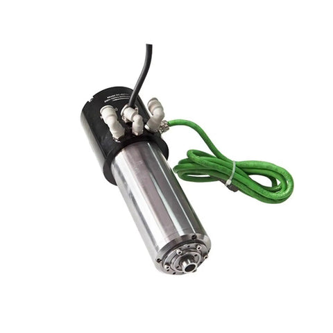 Straight Shooting Water Cooled Drilling Spindle Motor At 60000 Rpm Smooth Operator For Benchtop Sanders CNC Routers And Woodworking Shops with steel shaft and green hose.