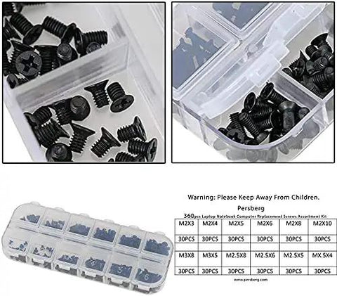 360Pcs Multisize Laptop And PC Replacement Screw Kit With M2 M2.5 And M3 Hardware in storage box with labeled compartments