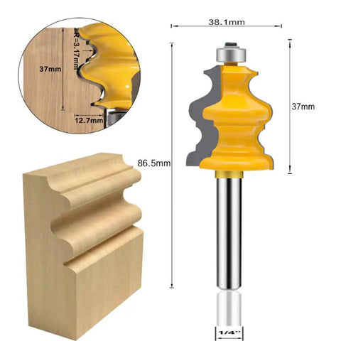 One Quarter Inch Shank Router Bit Set Five Piece Architectural Molding Kit With Corner Rounding Edge Forming Roundover Beading Bits For Woodworking Milling Pro Grade C3 Micro-Grain Tungsten Carbide Blades, showing detailed view of router bit dimensions and molding profile.