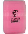 Close-up of Poison Savant Skate Wheels Pink 4 Pack 59mm x 38mm showing logo, oversized core for faster roll, plush urethane grip.