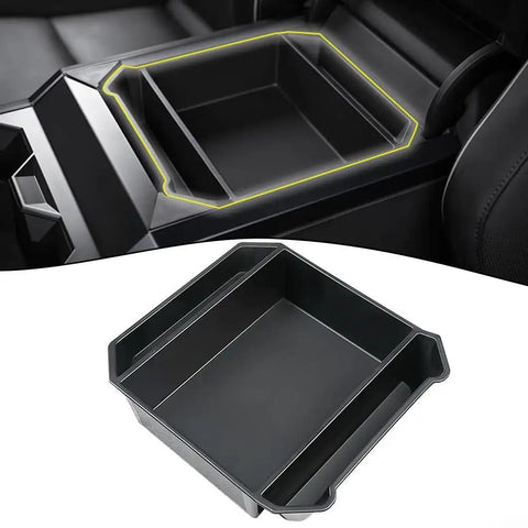 Slick Sliding Double Layer Center Console Tray For Tesla Cybertruck 2024, showing dual stack design with solid black material.