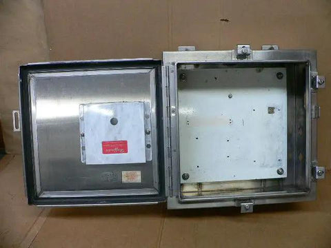 Open view of Used Industrial Control Panel Enclosure N 379057 Ready To Roll, heavy duty metal electrical cabinet for control systems.