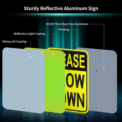 Large Please Take It Easy Buddies Sign With Heavy Five Foot Four Inch Aluminum Stake Reflective Weatherproof Yard Banner showing reflective coatings and aluminum material.