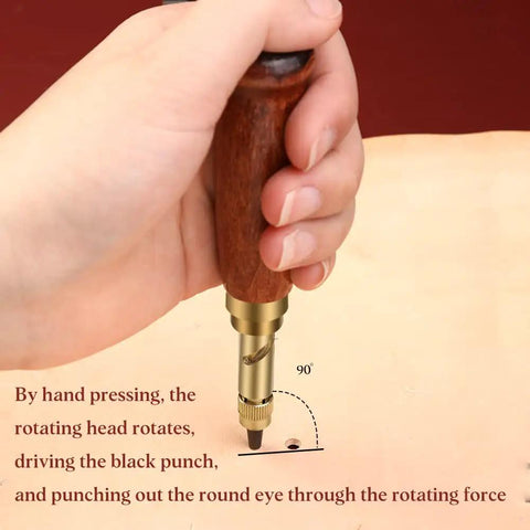 Hand using Adjustable Leather Hole Punch Tool With Wooden Handle Automatic Puncher Hollow Punch Six Size Tips From 1.5mm To 4mm