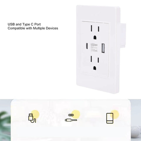 No Snags Heavy Duty Usb And Type C Wall Outlet With 15A Flame Retardant Receptacle, showing USB and Type C ports.