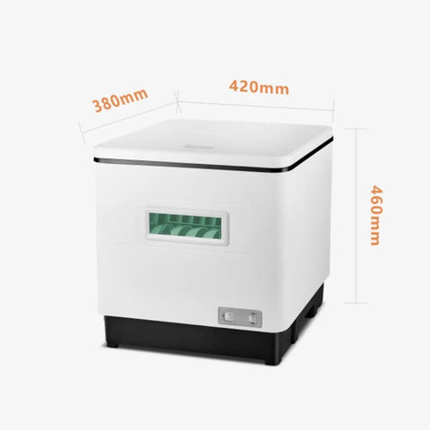 Compact Countertop Dishwasher Featuring One Touch Start Hot Water Wash And UV Dry Cycle For Slick Kitchens Plus Smooth Glide Rack Hassle-Free Tabletop Cleaner, 420mm wide, 380mm height.
