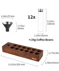 12 Piece Single Dose Coffee Bean Storage Tubes With One Way Exhaust Valve Glass Vials On Sturdy Walnut Wood Base and funnel dimensions.