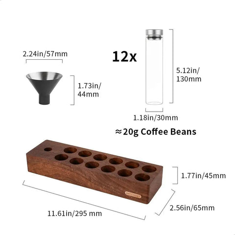 12 Piece Single Dose Coffee Bean Storage Tubes With One Way Exhaust Valve Glass Vials On Sturdy Walnut Wood Base and funnel dimensions.