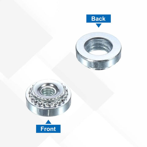 Front and back view of Heavy Duty Self Clinching Nuts Set For Metal Fastening M2, M2.5, M3, M4, M5 Zinc Plated Carbon Steel Rivet Nuts