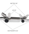 Screw pitch gauge with Whitworth 55°, Metric 60°, and US 60° threads; metal adjustable tool.