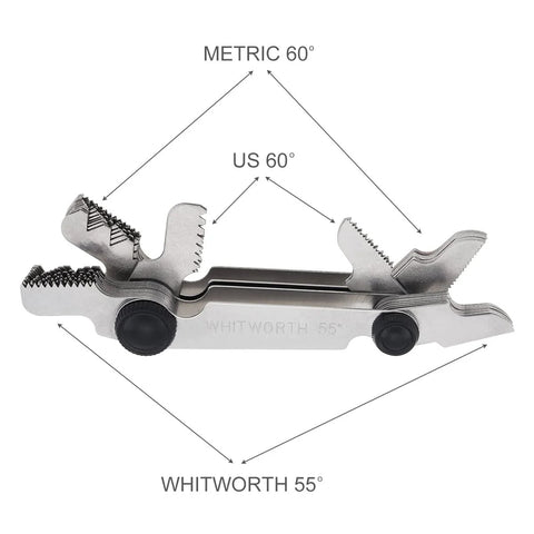 Screw pitch gauge with Whitworth 55°, Metric 60°, and US 60° threads; metal adjustable tool.