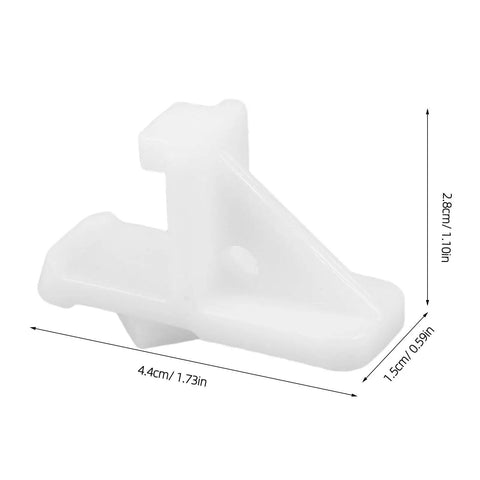 White plastic clip from Ten Pack Refrigerator Shelf Support Clips And Freezer Bracket Set with dimensions labeled