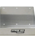 Front view of aluminum Rag In A Box Dispenser Rack for shop, garage, or trailer storage with easy slide dispense slot.