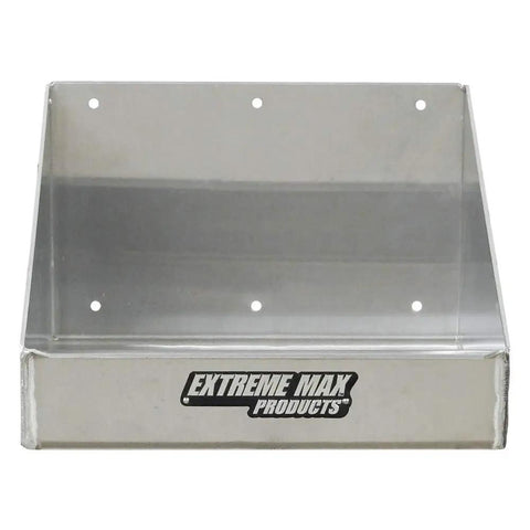 Front view of aluminum Rag In A Box Dispenser Rack for shop, garage, or trailer storage with easy slide dispense slot.