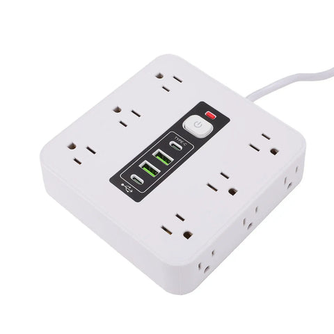 Absolute Game Changer 16 In 1 Smart Power Strip With Twelve AC Outlets Dual USB C Dual USB A Ports Auto Shutoff Heavy Duty Surge Protection Wall Mountable Zero Hassle Desk Setup top view showing USB and AC outlet configuration.