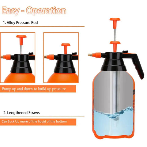 Two Pack 2L Handheld Garden Pump Sprayers with Adjustable Brass Nozzle showing operation and pressure buildup instructions