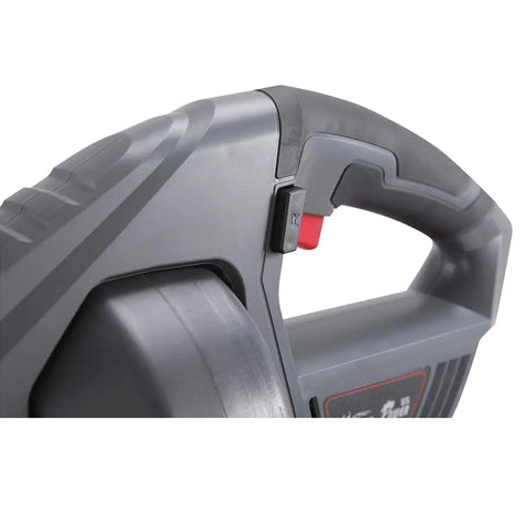 Close-up of 25 Foot Cordless Drain Auger Snake With 18 Volt Max Li Ion Battery handle and control switch.