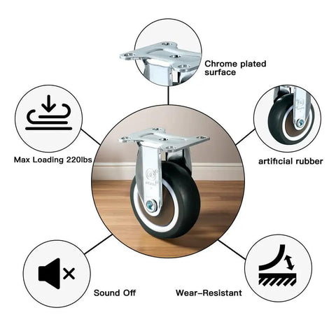 Heavy Duty 2 Inch Rigid Caster Wheels Set Of 4 Beater Proof Tpr Casters with chrome plated surface and wear-resistant rubber.