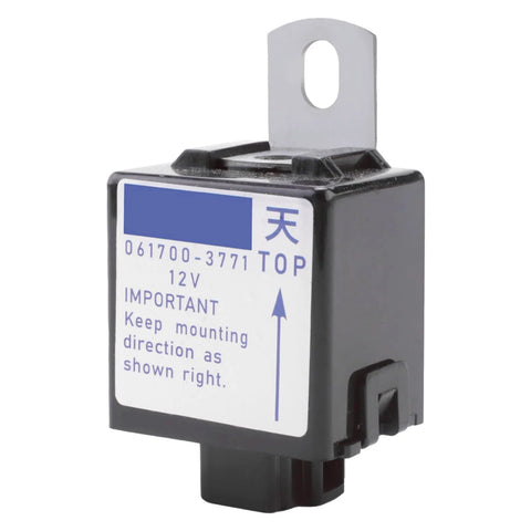 Stop solenoid relay, 12V, black plastic housing with metal top mounting tab.