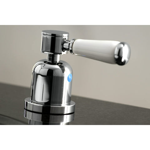 Close-up of porcelain lever on Paris Widespread Bathroom Faucet in Polished Chrome with Solid Brass Build, ceramic disc cartridge.