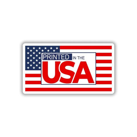 Printed in the USA sticker with American flag background.