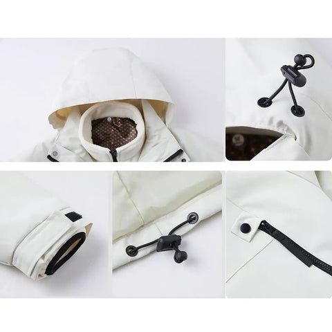 White hood and adjustable cords on 3 In 1 Winter Softshell Ski Jacket With Hood For Men And Women Water And Wind Resistant Insulated Coat Warm Purple 3XL