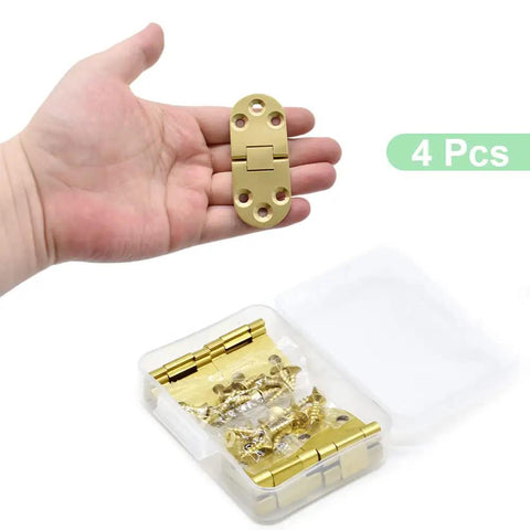Top Tier 4 Piece Solid Brass Butler Tray Hinges That Flip Smooth And Hold Fast For Folding Tables And Sewing Machine Stands Heavy Duty Rust Resistant Furniture Hardware Kit With Screws in hand.